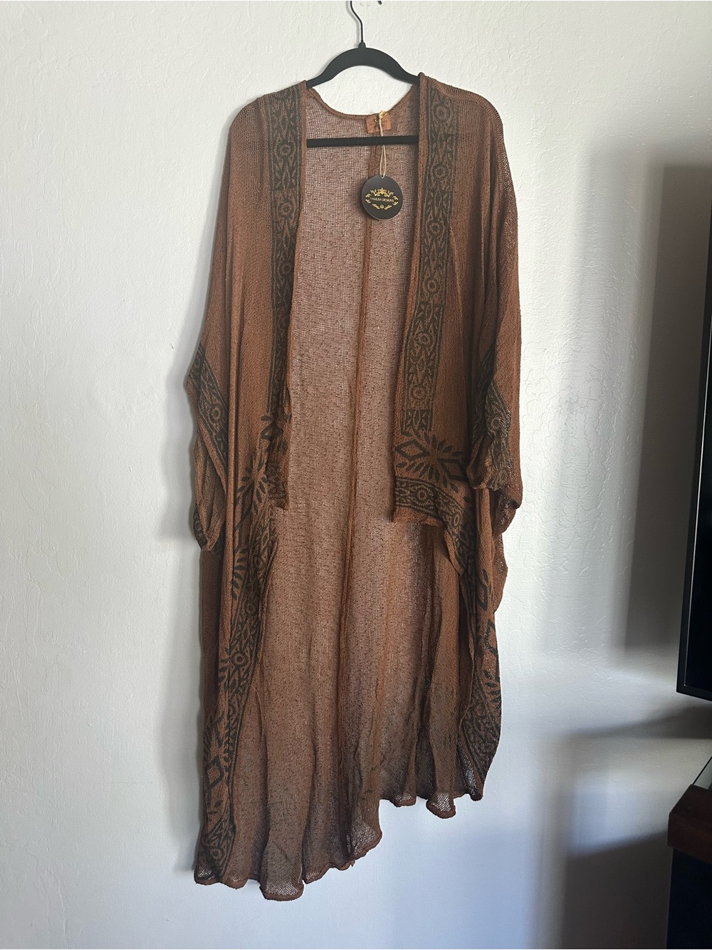 Lightweight Brown Sheer Kimono Robe with Patterned Trim